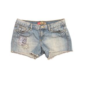 VTG Y2K Ultra Low Waist Patchwork Denim Shorts Sz 8 Light Frayed Distressed